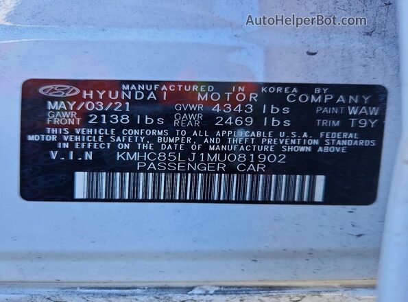 KMHC85LJ1MU081902 2021 HYUNDAI IONIQ White VIN sticker view