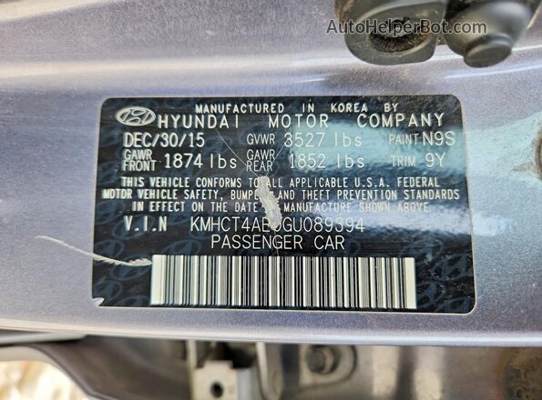 KMHCT4AE0GU089394 2016 HYUNDAI ACCENT Gray Вид підкапотного простору
