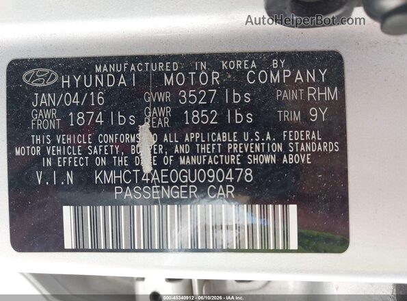 KMHCT4AE0GU090478 2016 HYUNDAI ACCENT Silver Вид підкапотного простору