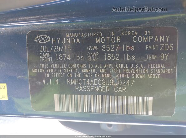 KMHCT4AE0GU990247 2016 HYUNDAI ACCENT Blue Engine compartment view