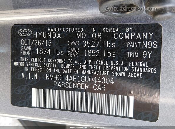 KMHCT4AE1GU044304 2016 HYUNDAI ACCENT Gray ძრავის განყოფილების ხედი