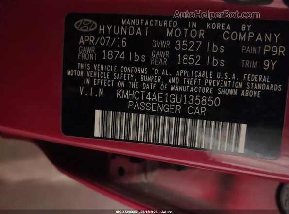 KMHCT4AE1GU135850 2016 HYUNDAI ACCENT Красный Вид подкапотного пространства