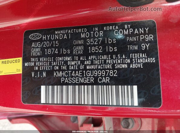 KMHCT4AE1GU999782 2016 HYUNDAI ACCENT Red Вид підкапотного простору
