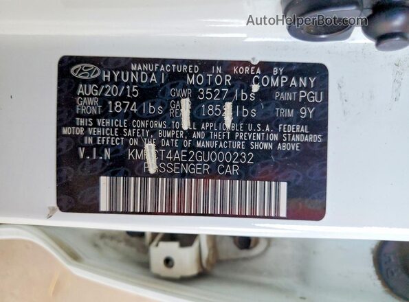 KMHCT4AE2GU000232 2016 HYUNDAI ACCENT White 