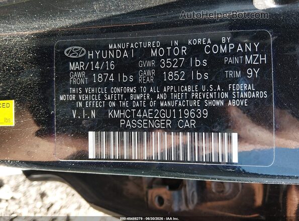 KMHCT4AE2GU119639 2016 HYUNDAI ACCENT Black Engine compartment view