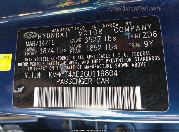KMHCT4AE2GU119804 2016 HYUNDAI ACCENT Blue Engine compartment view