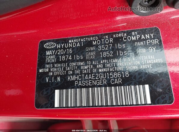 KMHCT4AE2GU158618 2016 HYUNDAI ACCENT Red Вид підкапотного простору