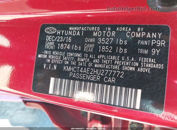 KMHCT4AE2HU277772 2017 HYUNDAI ACCENT Red Շարժիչի բաժամունքի տեսք