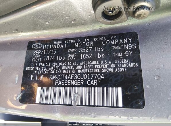 KMHCT4AE3GU017704 2016 HYUNDAI ACCENT Silver Engine compartment view