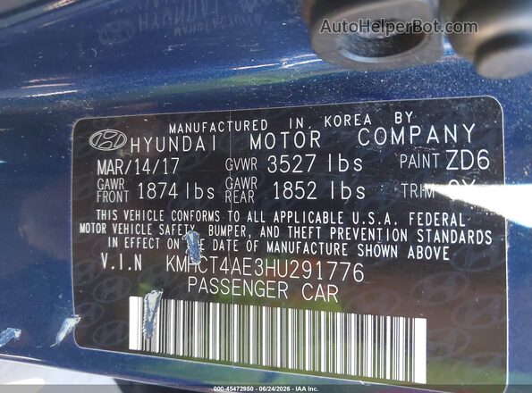 KMHCT4AE3HU291776 2017 HYUNDAI ACCENT Синий Вид подкапотного пространства