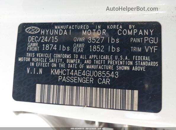 KMHCT4AE4GU085543 2016 HYUNDAI ACCENT Белый 