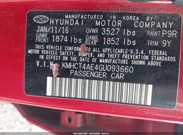 KMHCT4AE4GU093660 2016 HYUNDAI ACCENT Red ძრავის განყოფილების ხედი
