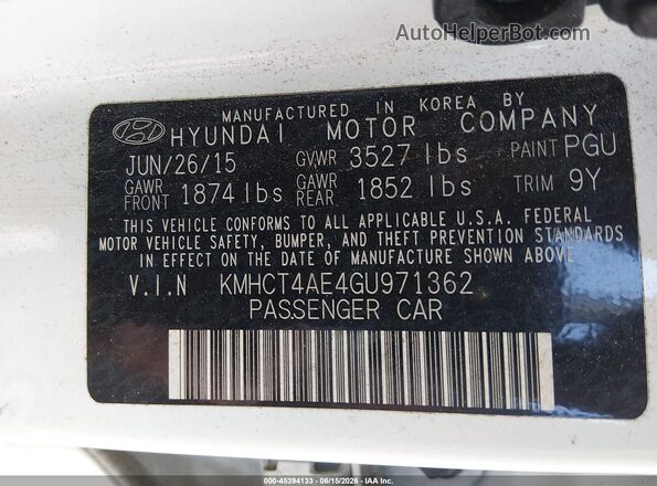 KMHCT4AE4GU971362 2016 HYUNDAI ACCENT White 