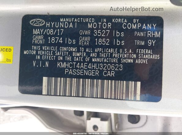 KMHCT4AE4HU320623 2017 HYUNDAI ACCENT Silver Вид підкапотного простору