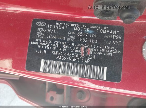 KMHCT4AE5GU051224 2016 HYUNDAI ACCENT Red Շարժիչի բաժամունքի տեսք