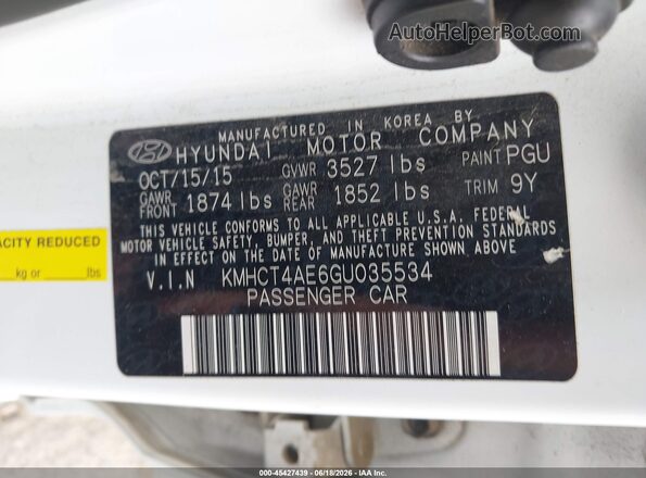 KMHCT4AE6GU035534 2016 HYUNDAI ACCENT White 
