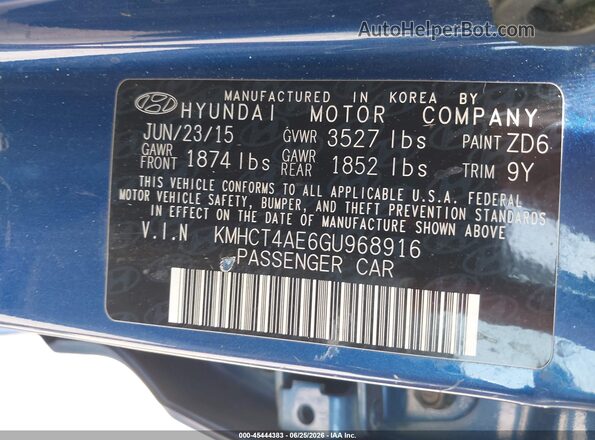 KMHCT4AE6GU968916 2016 HYUNDAI ACCENT Blue Շարժիչի բաժամունքի տեսք