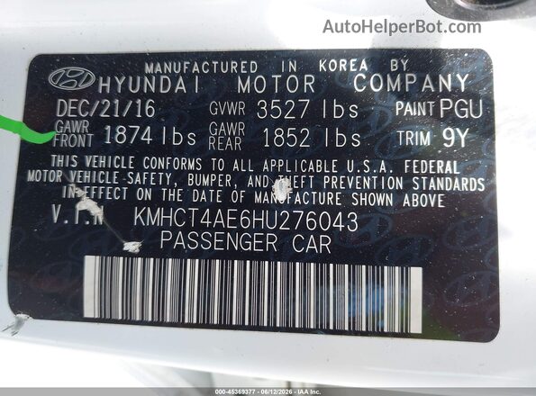 KMHCT4AE6HU276043 2017 HYUNDAI ACCENT White Vista del compartimento del motor