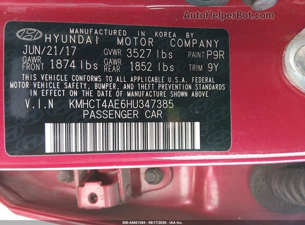 KMHCT4AE6HU347385 2017 HYUNDAI ACCENT Red Engine compartment view