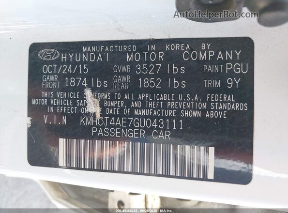 KMHCT4AE7GU043111 2016 HYUNDAI ACCENT White ძრავის განყოფილების ხედი