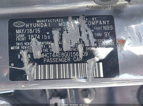 KMHCT4AE8GU156209 2016 HYUNDAI ACCENT Gray Instrument cluster view