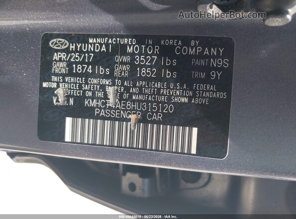 KMHCT4AE8HU315120 2017 HYUNDAI ACCENT Gray Vista del compartimento del motor
