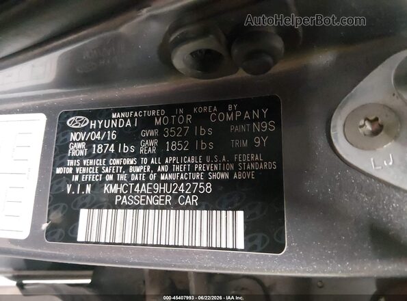 KMHCT4AE9HU242758 2017 HYUNDAI ACCENT Gray Շարժիչի բաժամունքի տեսք