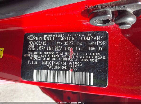 KMHCT4AEXGU051896 2016 HYUNDAI ACCENT Red Vista del compartimento del motor