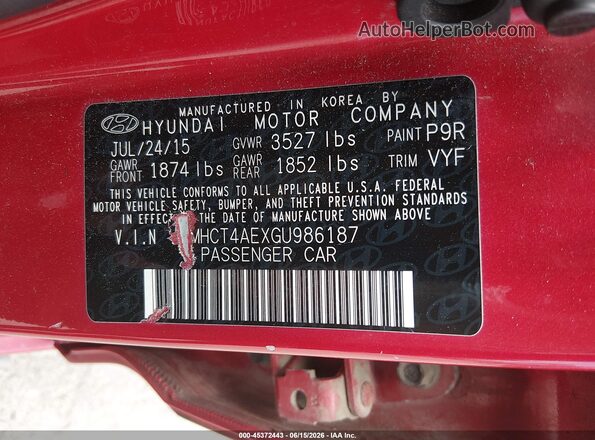 KMHCT4AEXGU986187 2016 HYUNDAI ACCENT Красный Вид подкапотного пространства