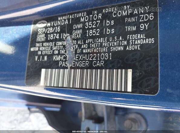 KMHCT4AEXHU221031 2017 HYUNDAI ACCENT Blue 