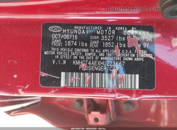 KMHCT4AEXHU223667 2017 HYUNDAI ACCENT Red Вид підкапотного простору