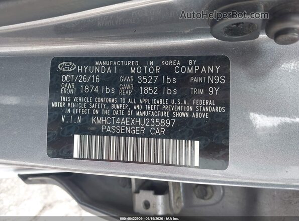 KMHCT4AEXHU235897 2017 HYUNDAI ACCENT Gray ძრავის განყოფილების ხედი