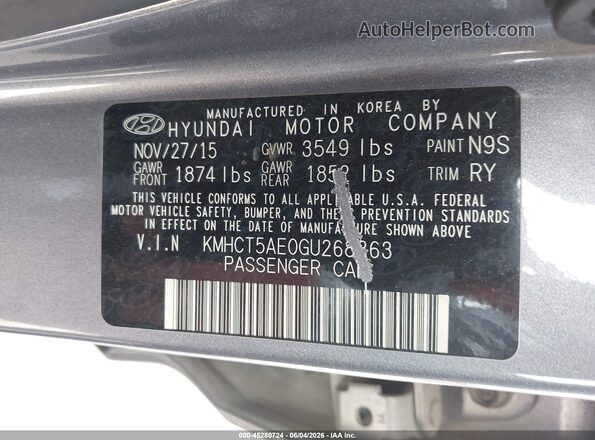 KMHCT5AE0GU268363 2016 HYUNDAI ACCENT Gray 