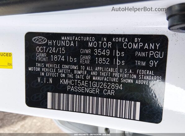 KMHCT5AE1GU262894 2016 HYUNDAI ACCENT White Widok komory silnika