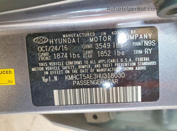 KMHCT5AE3HU318030 2017 HYUNDAI ACCENT Gray VIN sticker view