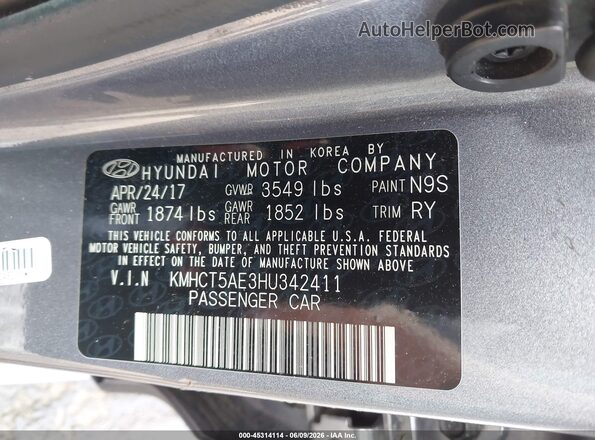 KMHCT5AE3HU342411 2017 HYUNDAI ACCENT Gray Շարժիչի բաժամունքի տեսք