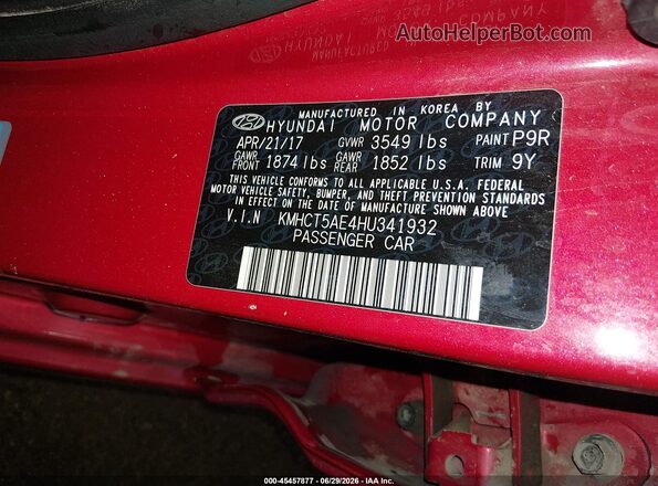 KMHCT5AE4HU341932 2017 HYUNDAI ACCENT Red Вид підкапотного простору