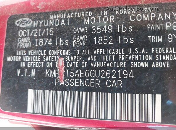 KMHCT5AE6GU262194 2016 HYUNDAI ACCENT Red Engine compartment view
