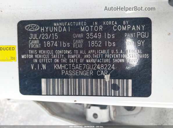 KMHCT5AE7GU248224 2016 HYUNDAI ACCENT White ძრავის განყოფილების ხედი