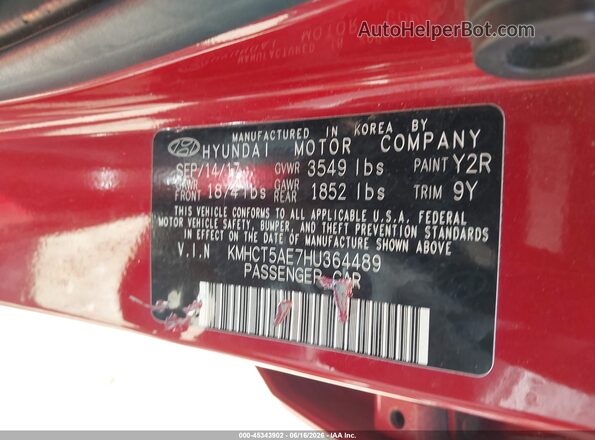 KMHCT5AE7HU364489 2017 HYUNDAI ACCENT Red 