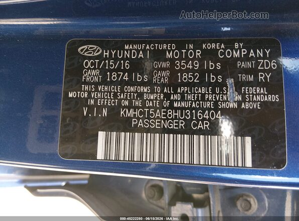 KMHCT5AE8HU316404 2017 HYUNDAI ACCENT Blue 