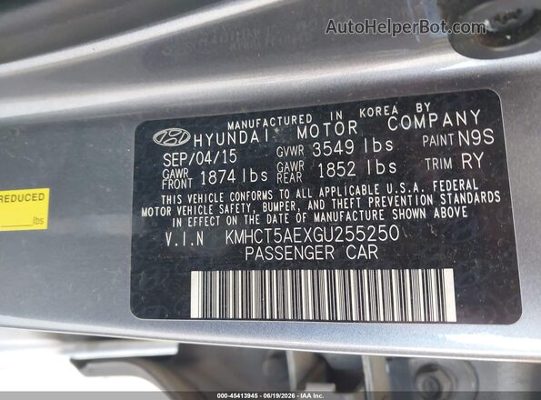 KMHCT5AEXGU255250 2016 HYUNDAI ACCENT Silver ძრავის განყოფილების ხედი