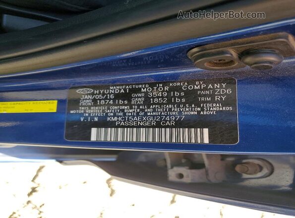 KMHCT5AEXGU274977 2016 HYUNDAI ACCENT Blue 