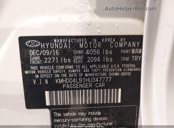 KMHD04LB1HU347777 2017 HYUNDAI ELANTRA Белый Вид подкапотного пространства