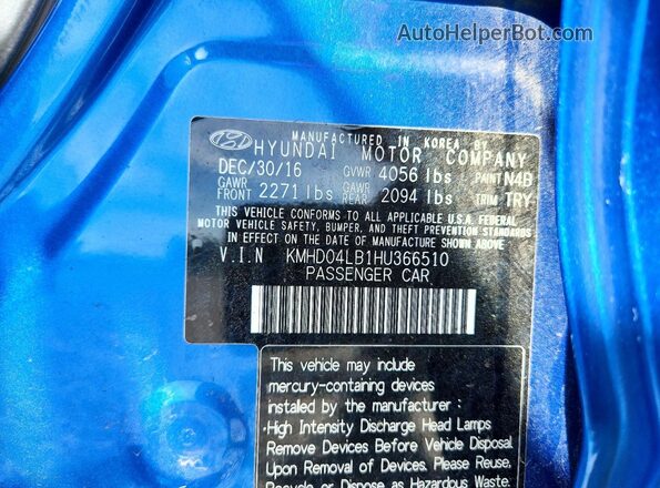 KMHD04LB1HU366510 2017 HYUNDAI ELANTRA Blue Engine compartment view
