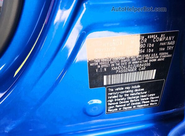 KMHD04LB2JU684996 2018 HYUNDAI ELANTRA Blue 
