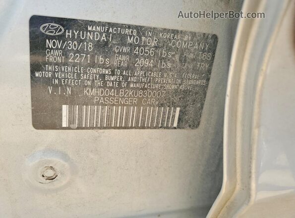 KMHD04LB2KU830007 2019 HYUNDAI ELANTRA Silver VIN կոդի պիտակի տեսք