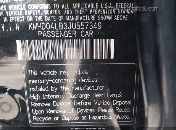 KMHD04LB3JU557349 2018 HYUNDAI ELANTRA Black Շարժիչի բաժամունքի տեսք
