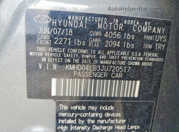KMHD04LB3JU720517 2018 HYUNDAI ELANTRA Gray 