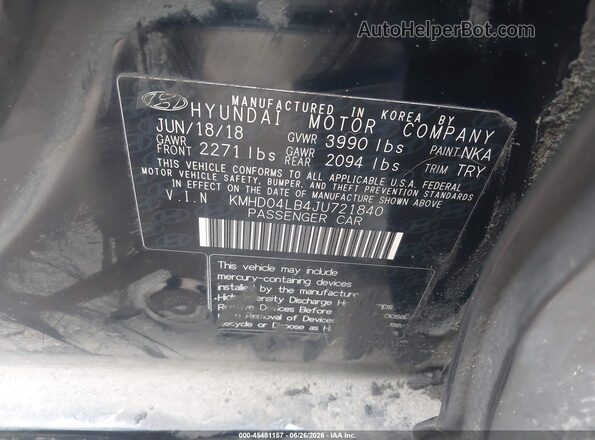 KMHD04LB4JU721840 2018 HYUNDAI ELANTRA Black ძრავის განყოფილების ხედი